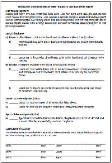 Image of the Lead Paint Disclosure form